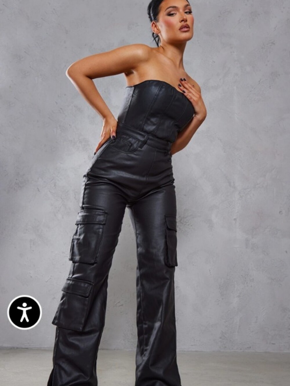 PrettyLittleThing Black Faux Leather Wide Leg Cargo Jumpsuit